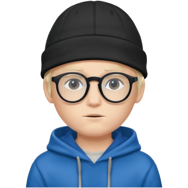 a shy boy wearing thick black glasses (nerd) and hide all his hair under a blue cap, wearing a normal hoodie (ios memoji) emoji