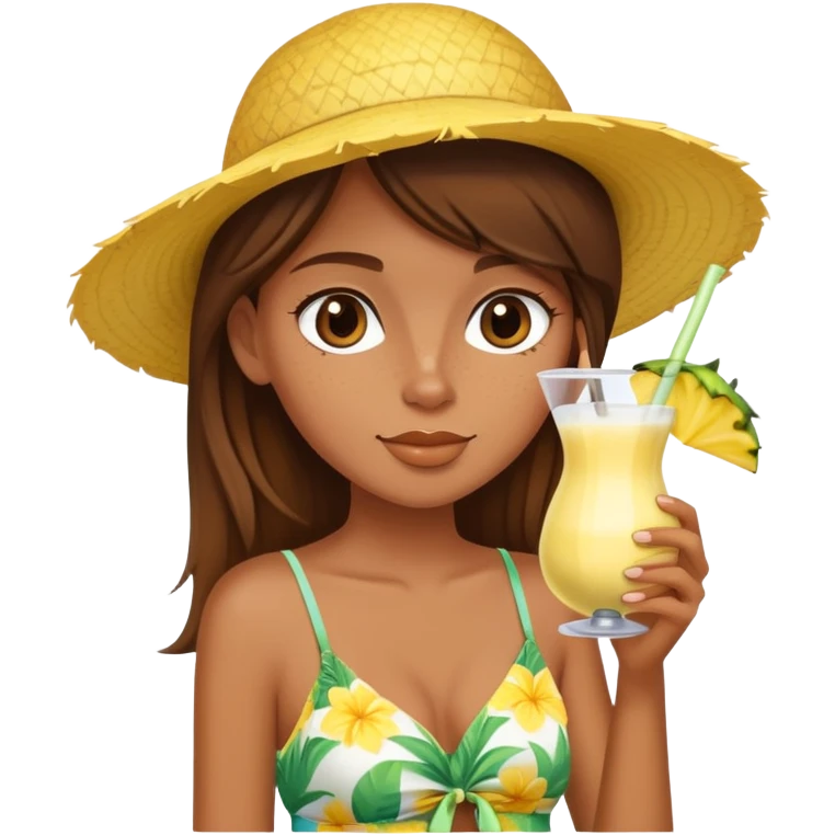 Very tan skinned girl with brown hair wearing a summer outfit sipping a piña colada emoji