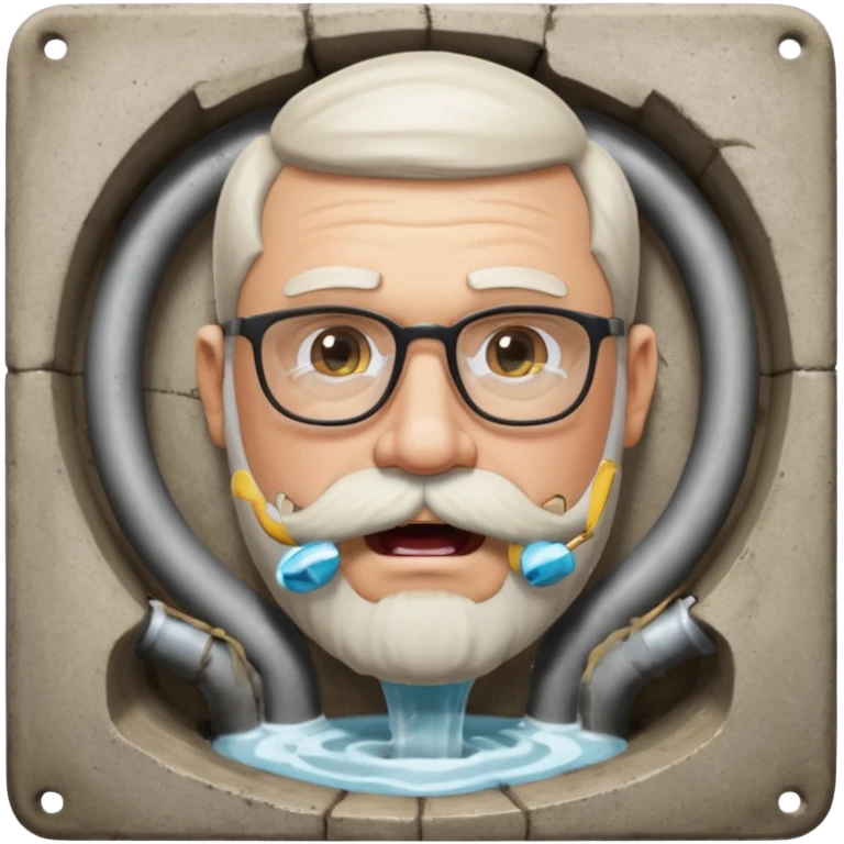 50 year old bearded and moustached white male wearing glasses with an open mouth. His mouth has been cast into a square frame made of concrete connected to a drain pipe. He is proud and thinks his right, while being slightly angry because the joke is on him. emoji