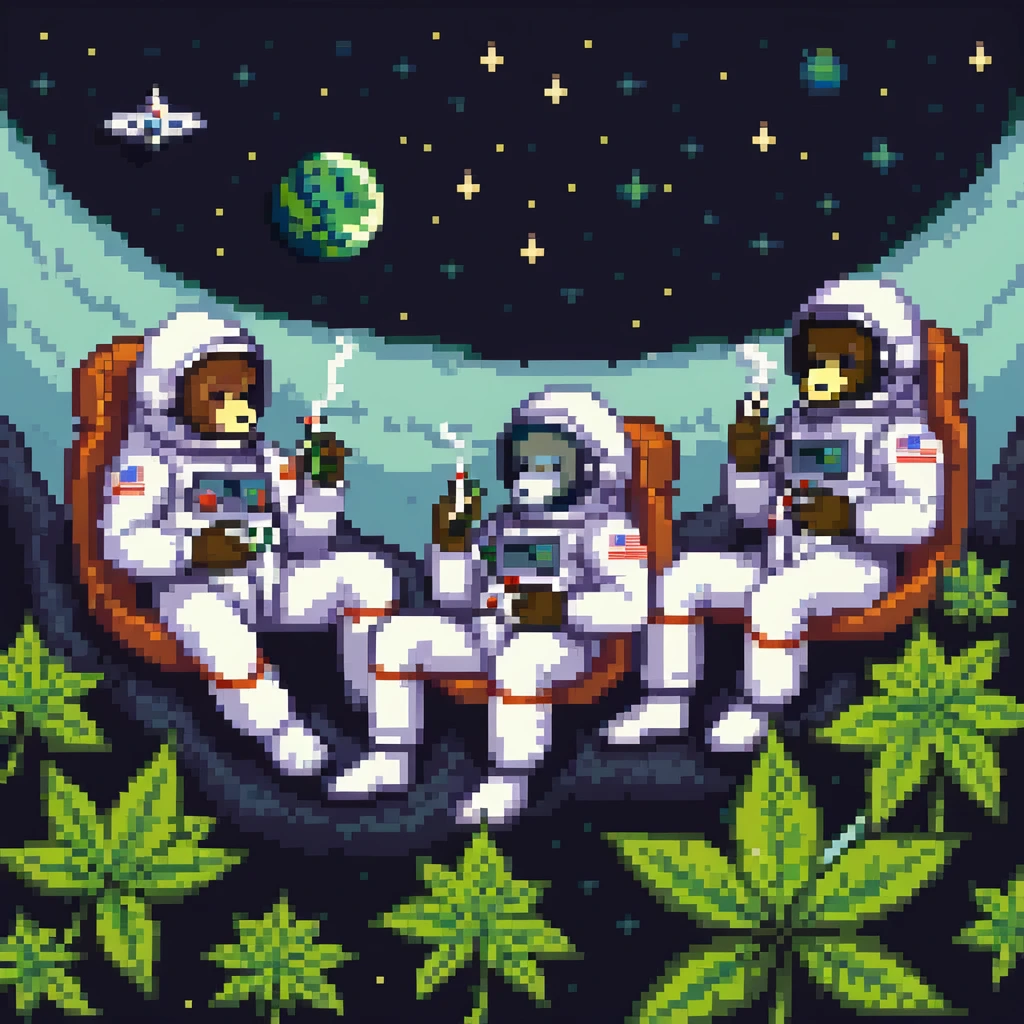 group of apes in astronaut suits floating in space smoking weed emoji