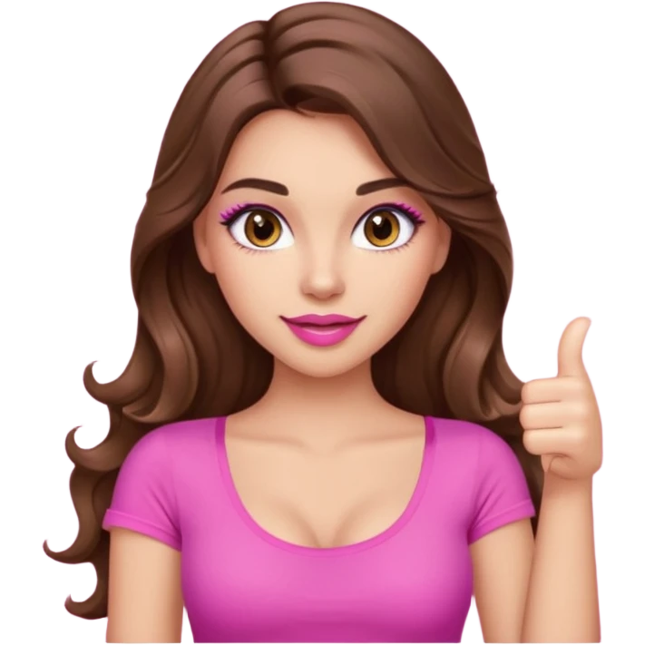 girl with long wavy brown hair, brown eyes, long lashes makeup, sexy pink lips, light to medium complexion, wearing a pink sexy top, thumbs up emoji