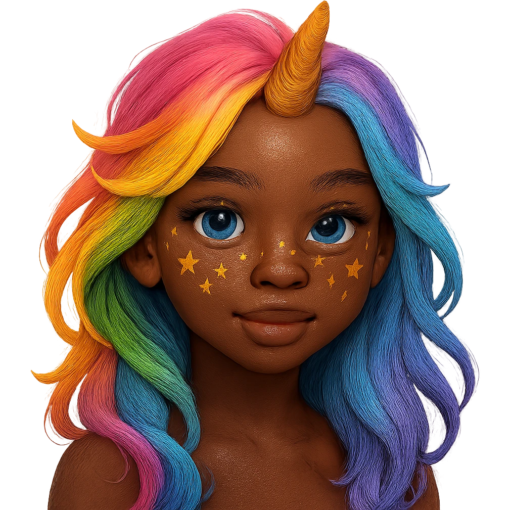 a girl with rainbow hair, a gold unicorn horn, blue eyes, dark skin, and star-shaped freckles emoji