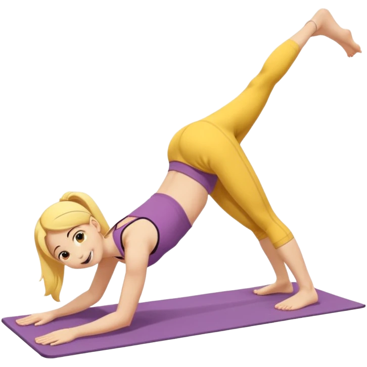 Yellow skinned emoji girl lays down facing camera downward dog emoji