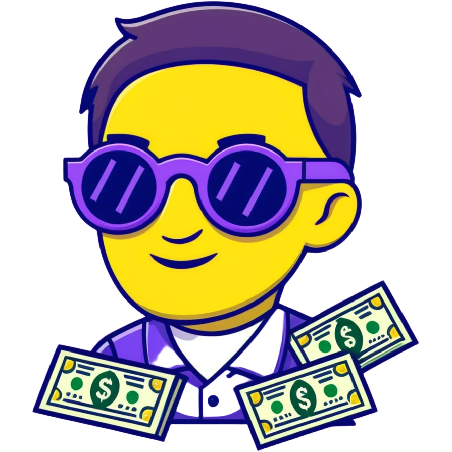 yellow face with green money signs for eyes, wearing slightly transparent black sunglasses, money symbols on face emoji