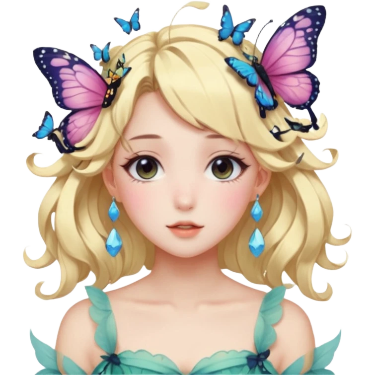 gorgeous shiny blushing anime lady with butterflies and beautiful hair fairycore high quality detailed vogue trending aesthetic emoji