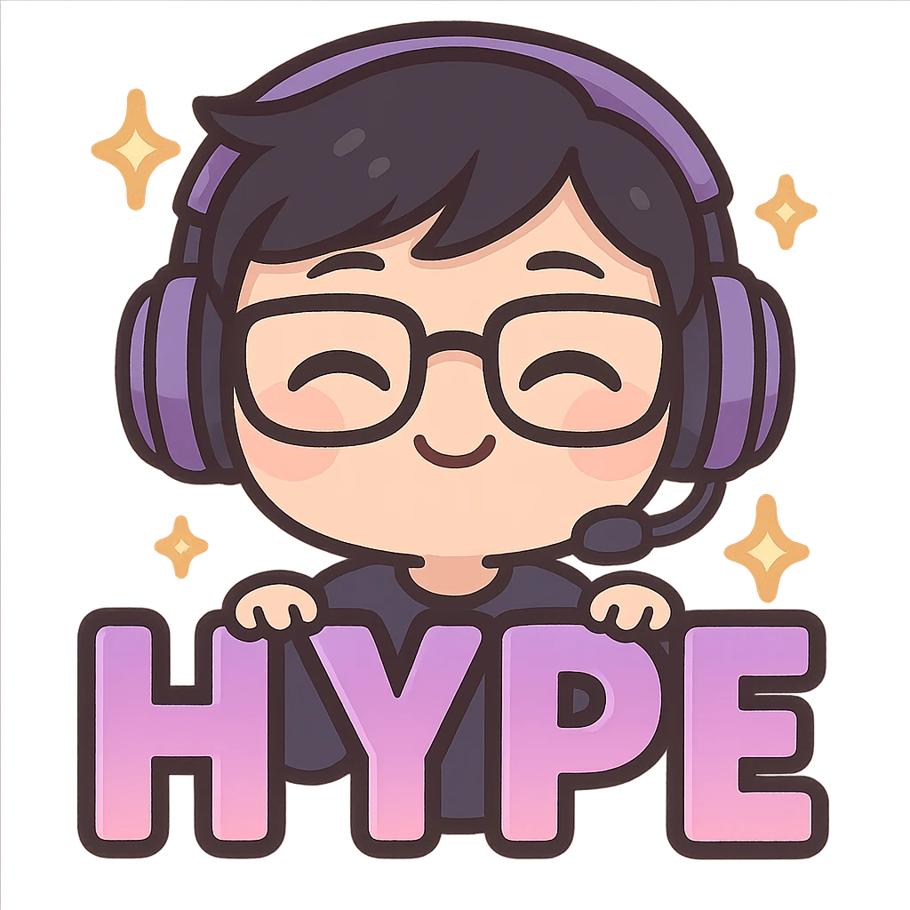 Resize the emote to 112 by 112 pixels, keeping all details sharp and clear. Maintain the chibi style, purple gradient HYPE letters, cute details, purple headset, and glasses. Transparent background. emoji