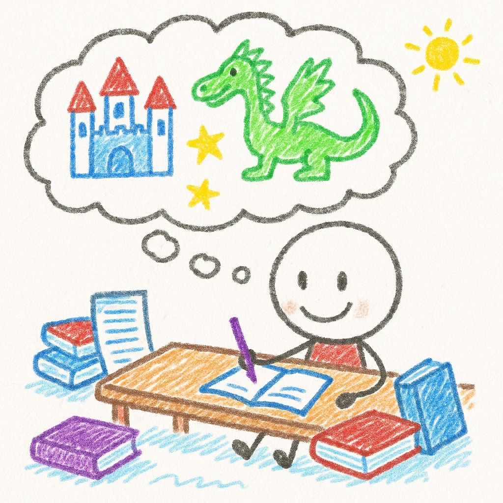 beginning author sitting at a desk with a notebook and a pen, surrounded by books and papers, thinking about fantasy plots emoji