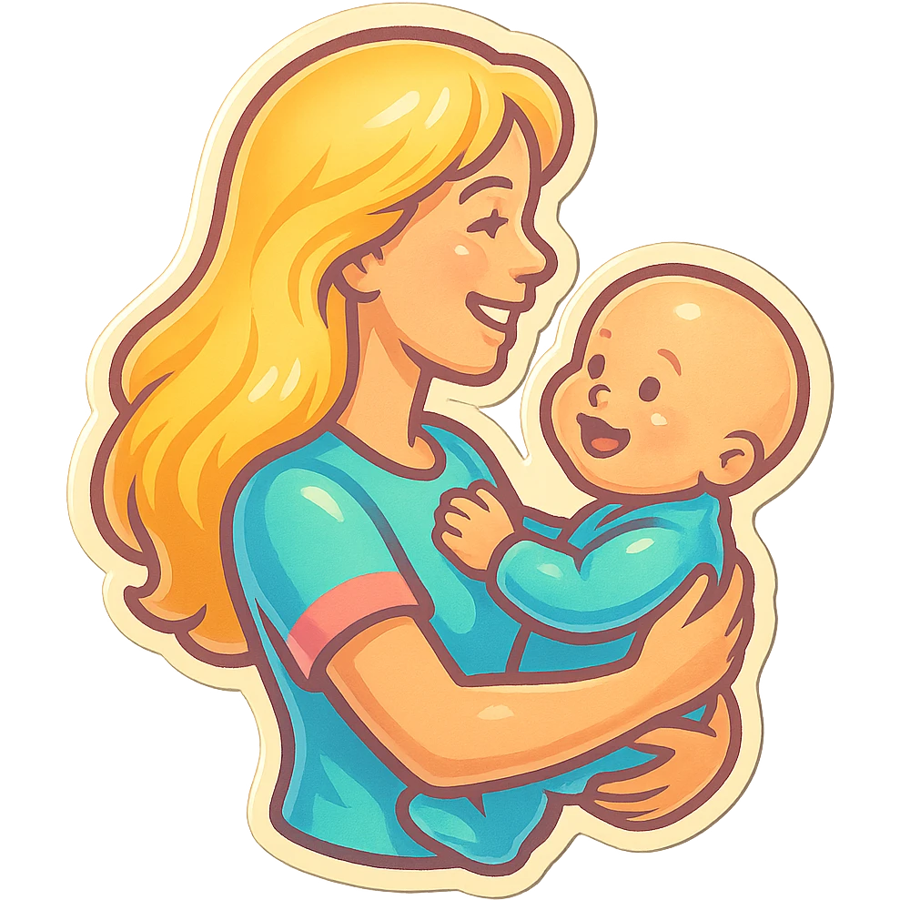 young woman with long blonde hair holding a baby in her arms, smiling and looking forward, side view, retro stickers style, thin clean outlines, soft rounded shapes, pastel palette, retro sticker aesthetic, detailed shadows and highlights, soft lighting emoji