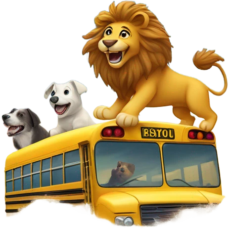 Lion and dog surfing on a school bus  emoji