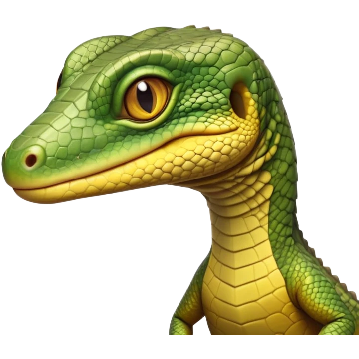 cinematic-realistic-cute-monitor-lizard-portrait-emoji,-head-tilted-playfully-and-inquisitively,-featuring-a-compact,-agile-body-with-finely-detailed,-glossy-scales-in-earthy-olive-hues-and-a-distinct,-alert-face-with-bright,-curious-eyes, yellow and dark green emoji
