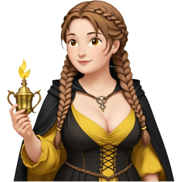 Helga Hufflepuff, half-turned in profile,brown-haired,2 braids,yellow-black medieval open dress,deep neckline,fat macromastia,black cloak decorated with gold braiding,wand,gold cup with two handles,very kind smile,curvy busty sweet woman,round rosy cheeks,full length with medieval shoes emoji