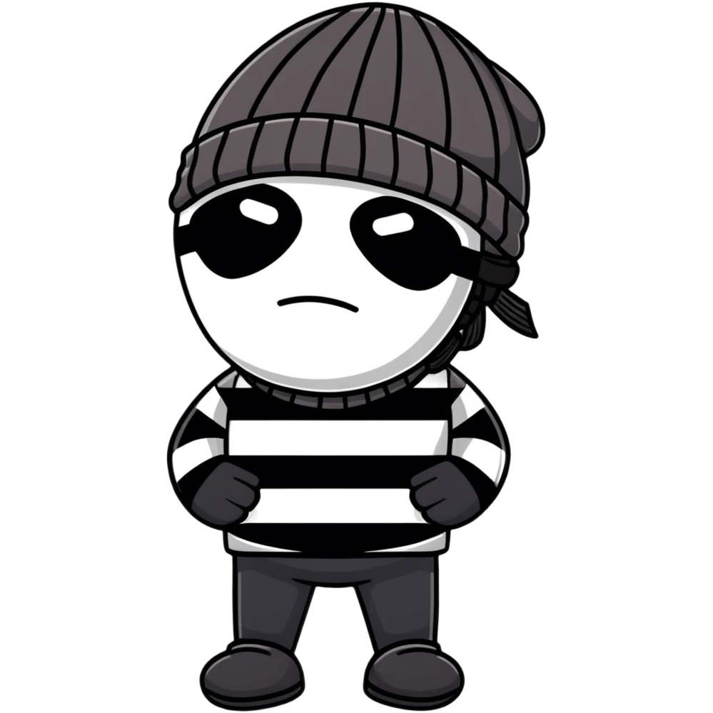 character with black and white striped shirt, black beanie, black mask over eyes emoji