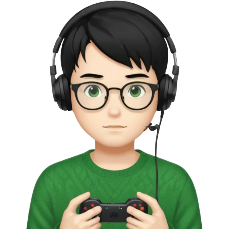 
gamer, Gorgeous green sweater black hair anime style shojo guy glasses, headphone, gamepad emoji