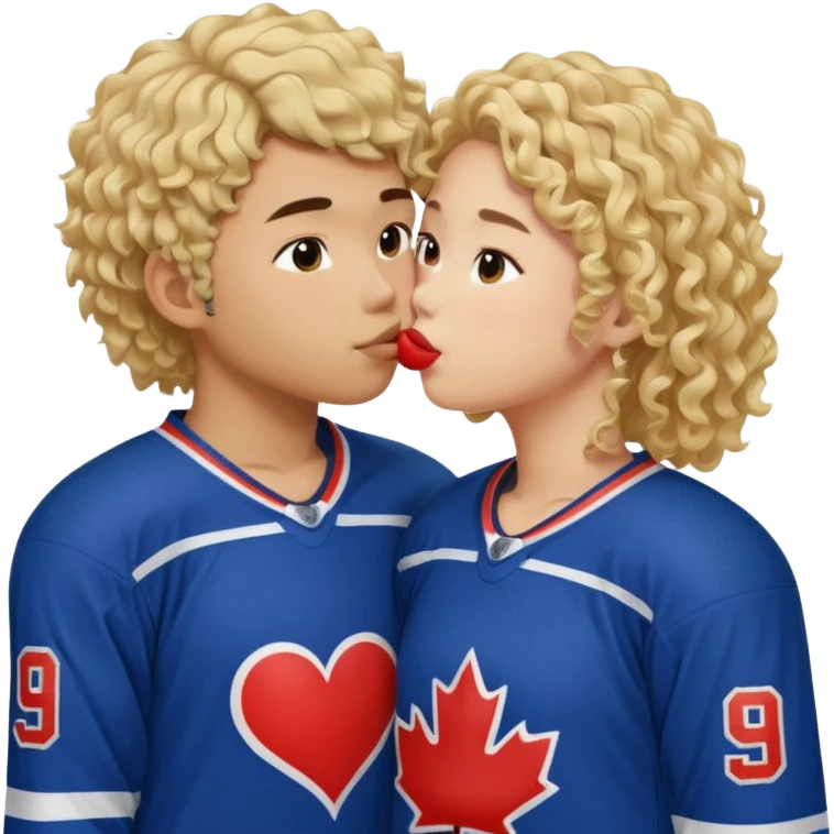 Asian hickey player kissing curly hair blonde hockey player emoji