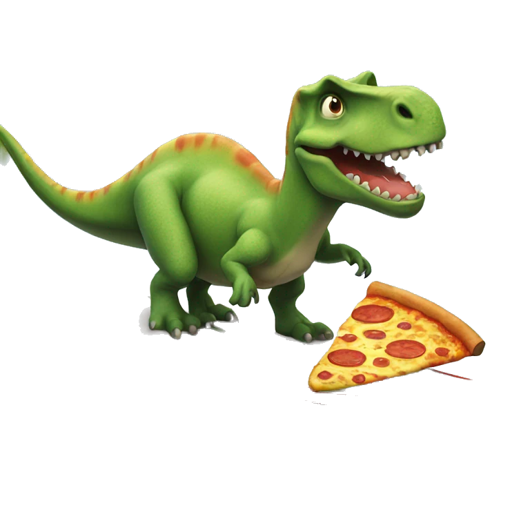 Dinosaur riding a surf board eating pizza emoji
