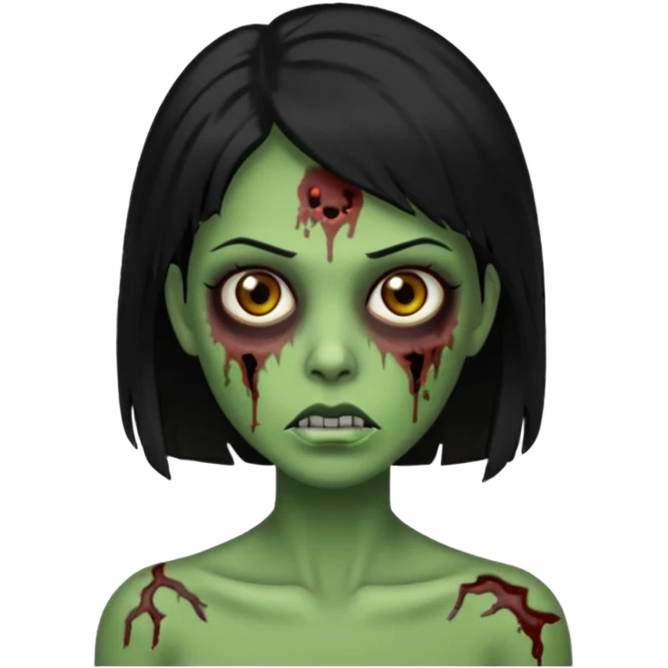 Faça uma zombie verde mulher com cabelos pretos e lisos de olhos castanhos emoji