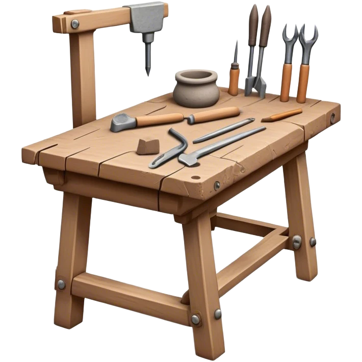 Cinematic Realistic image of a workbench set with a lump of pliable clay and artisanal sculpting tools, rendered with finely detailed textures that reveal subtle clay particles and well-worn tool surfaces, bathed in warm, focused studio lighting emoji
