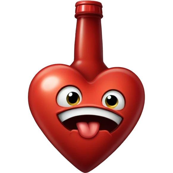 A red heart ❤️ with eyes, a mouth, and hands, tipsy and drunk, holding a bottle, looking wobbly and playful emoji