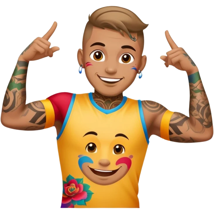 man with bold face tattoos, happy face, wearing a colorful jersey emoji