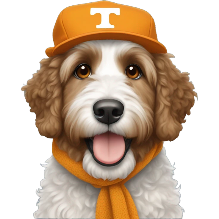 Bernedoodle with University of tennessee hat and scarf emoji