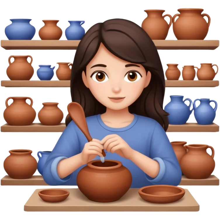 girl with dark brown hair making pottery emoji