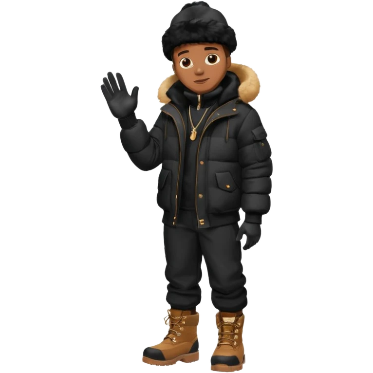 Handsome Black grown man with brown skin tone, wear black joggers, a black bubble coat with a fur brim on the hood, and buckwheat timberland boots, and black gloves emoji