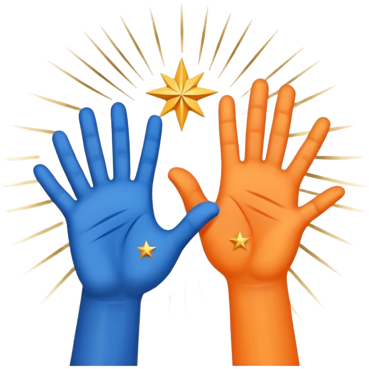 Two hands (orange and blue) shaking, surrounded by radiating lines and stars. Clean, minimalist style. Colors: orange (energy), blue (trust), gold highlights. Symbolizes teamwork, unity, and shared success. emoji