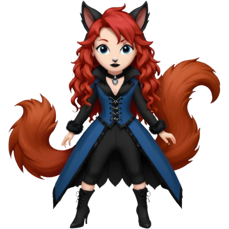  long curly red hair (darker), red pointed ears with black trim, black goth outfits, body and face human, blue eyes, more pointy chin, black lipstick, big fluffy red squirrel tail with black tips, like the attached photo with more outfits and poses,  emoji