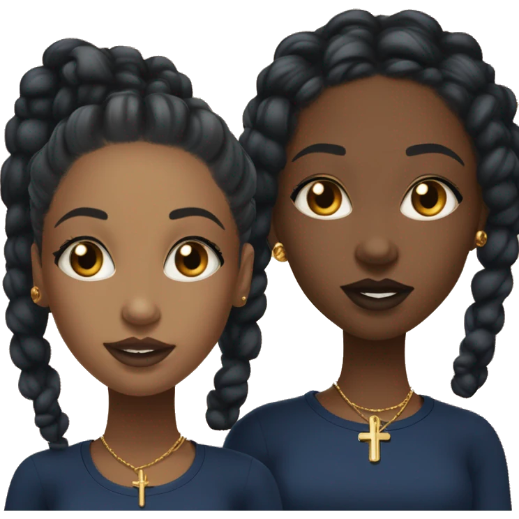 two black teenage twin girls with black braids that have curly ends and with navy blue tops and gold earrings and gold cross necklaces and some lipgloss and lip liner emoji