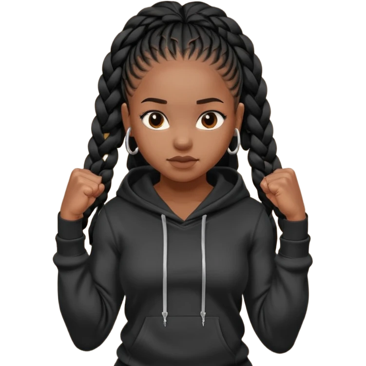 African American girl with long black box braids wearing a plain black hoodie flexing arm muscles emoji
