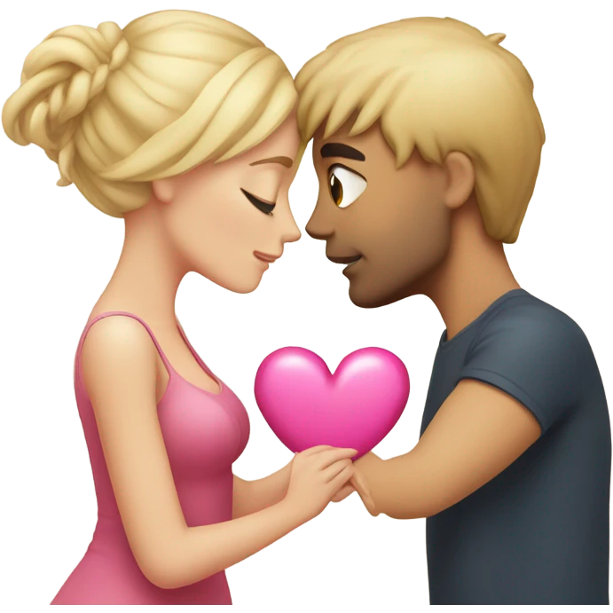 Cute couple, blonde hair woman and dark haired man kissing holding a pink heart emoji