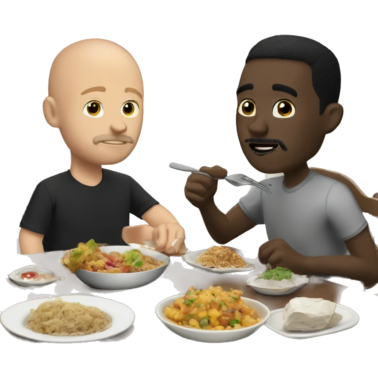 Black bald guy with short facial hair, eating at the dinner table with white guy and black hair ￼￼ emoji