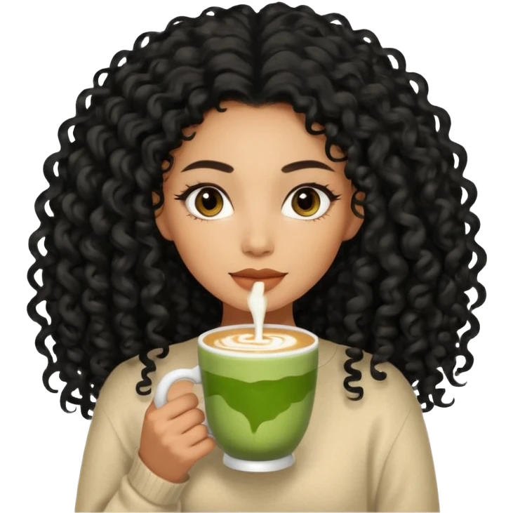 Mixed-race woman with caramel skin, long jet black curly hair , wearing a beige cashmere sweater, holding a cup of matcha latte emoji