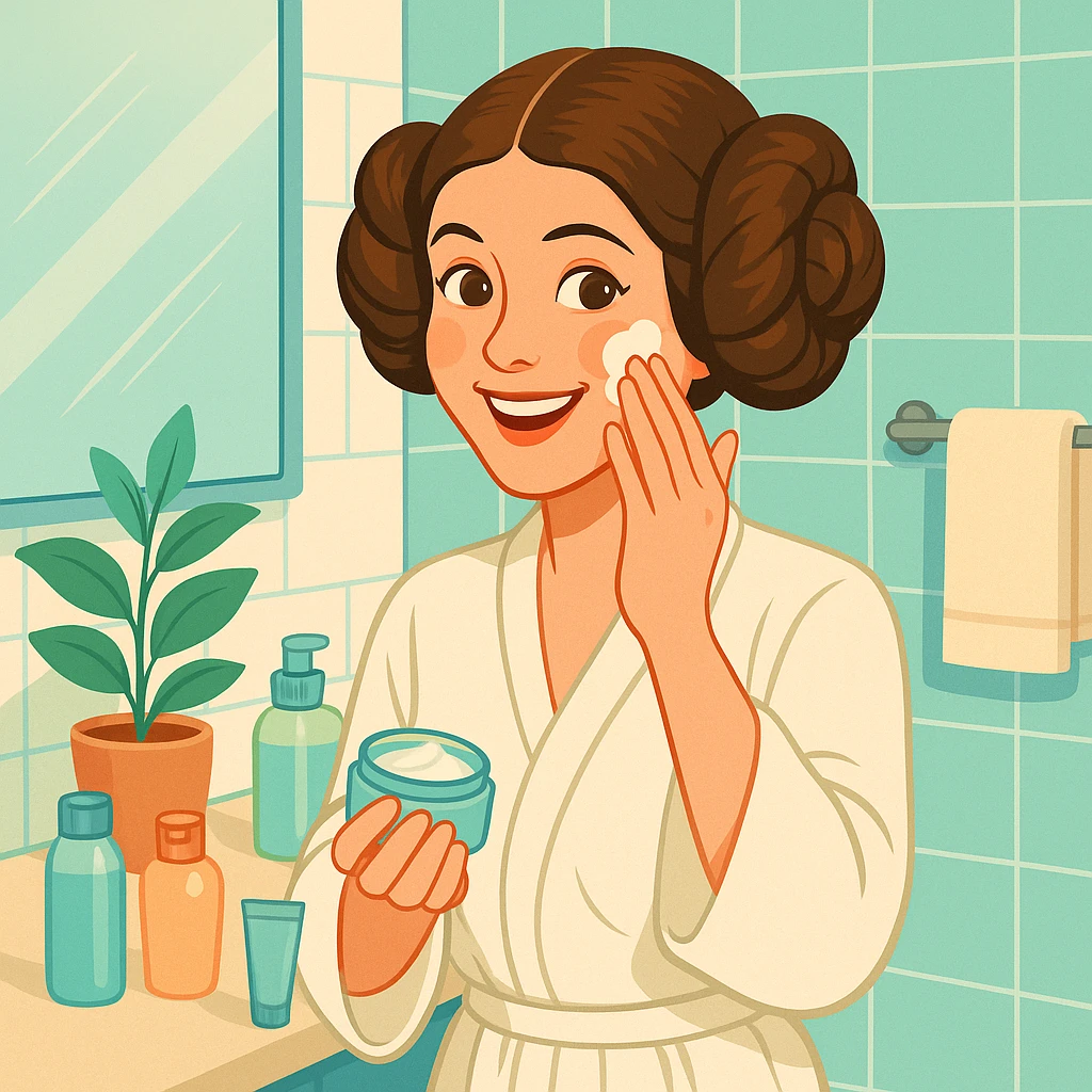 Princess Leia from Star Wars doing her skin care routine in the morning, cheerful, detailed, modern illustration emoji