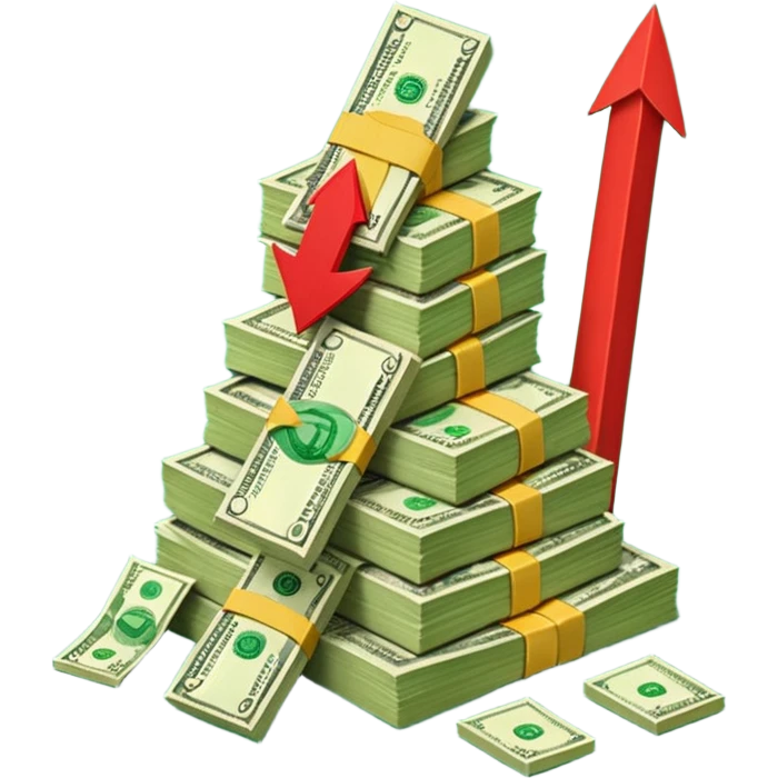 a pile of money infront of strategy paper with red arrow up emoji