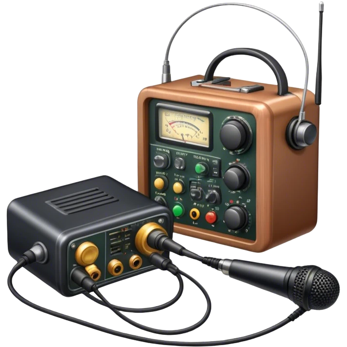 A photorealistic icon featuring a ham radio transceiver, headphones, microphone, antenna, and radio equipment like soldering tools and cables. The design includes detailed textures and realistic lighting, symbolizing the passion for amateur radio and communication. Transparent background. emoji