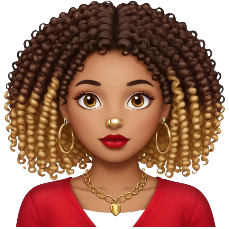 a light skinned black girl with 3b curly hair chocolate color eyelash extension ombre lips with gloss and red blouse gold nose ring piercing and gold septum piercing and gold necklace emoji