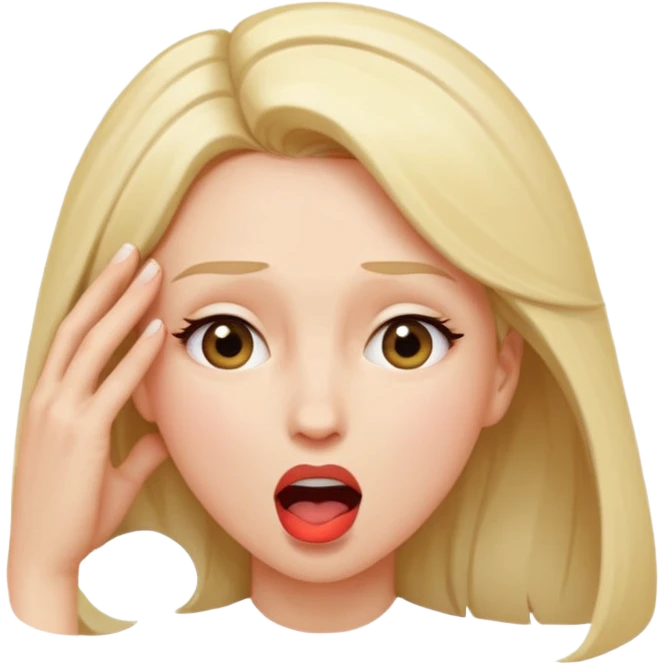 Femme, bouche ouverte, tête légèrement penchée en arrière. Main contre le front de façon dramatique  emoji