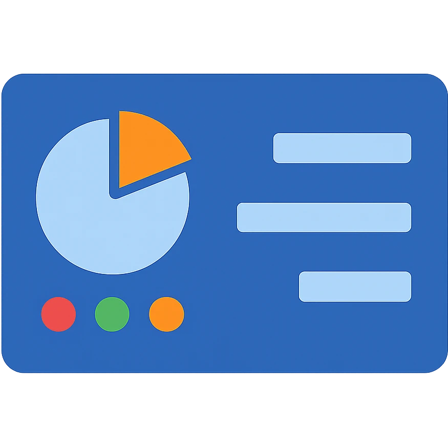Create a very simple flat color clip art style Control Panel icon with a transparent background. The base is a blue rectangle. In the top left, place a pie chart. Below the pie chart, place three colored dots. To the right, place three horizontal blue rectangles of different lengths. Use the three blue shades from the provided palette for the main elements (rectangle base and horizontal bars). Allow other colors for the dots or pie chart if needed for clarity. Ensure all elements are clearly visible and distinct, minimal and clean style. emoji