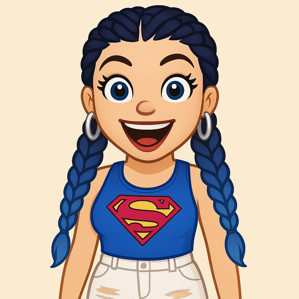 Create a girl character in emoji style with the same face and outfit as the reference image. Change the hair to braided dark blue ombre, blue eyes, very excited expression, thick black eyeliner, thick long eyelashes, light pink lips, large upper body visible, wearing white ripped cargo pants. emoji
