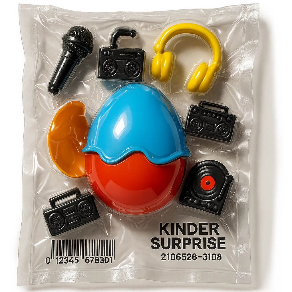 Kinder Surprise egg opened, showing toys including microphone, boombox, headphones, DJ turntable, shiny and inflated vacuum-sealed style emoji