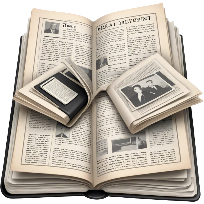 Icon for Non-Fiction & Narrative Reading: an open book with black-and-white photos on the pages, surrounded by a pile of newspaper clippings, and an open folder with top-secret documents. The icon should reflect the blend of real stories and facts in non-fiction literature. Transparent background. emoji