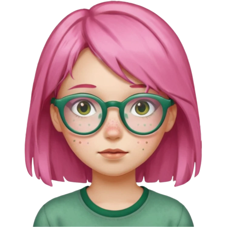 a girl with pink glasses, brownish green hair and freckles emoji