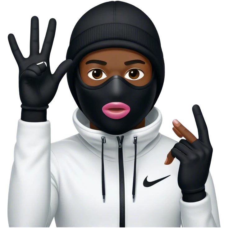Black man with nike ski mask Throwing up the Two with his pinky and ring  emoji