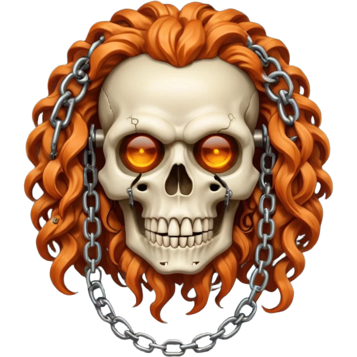 cinematic realistic steampunk Megadeth iconic skull mascot with a rusty chain in his teeth, huge curly orange hair emoji