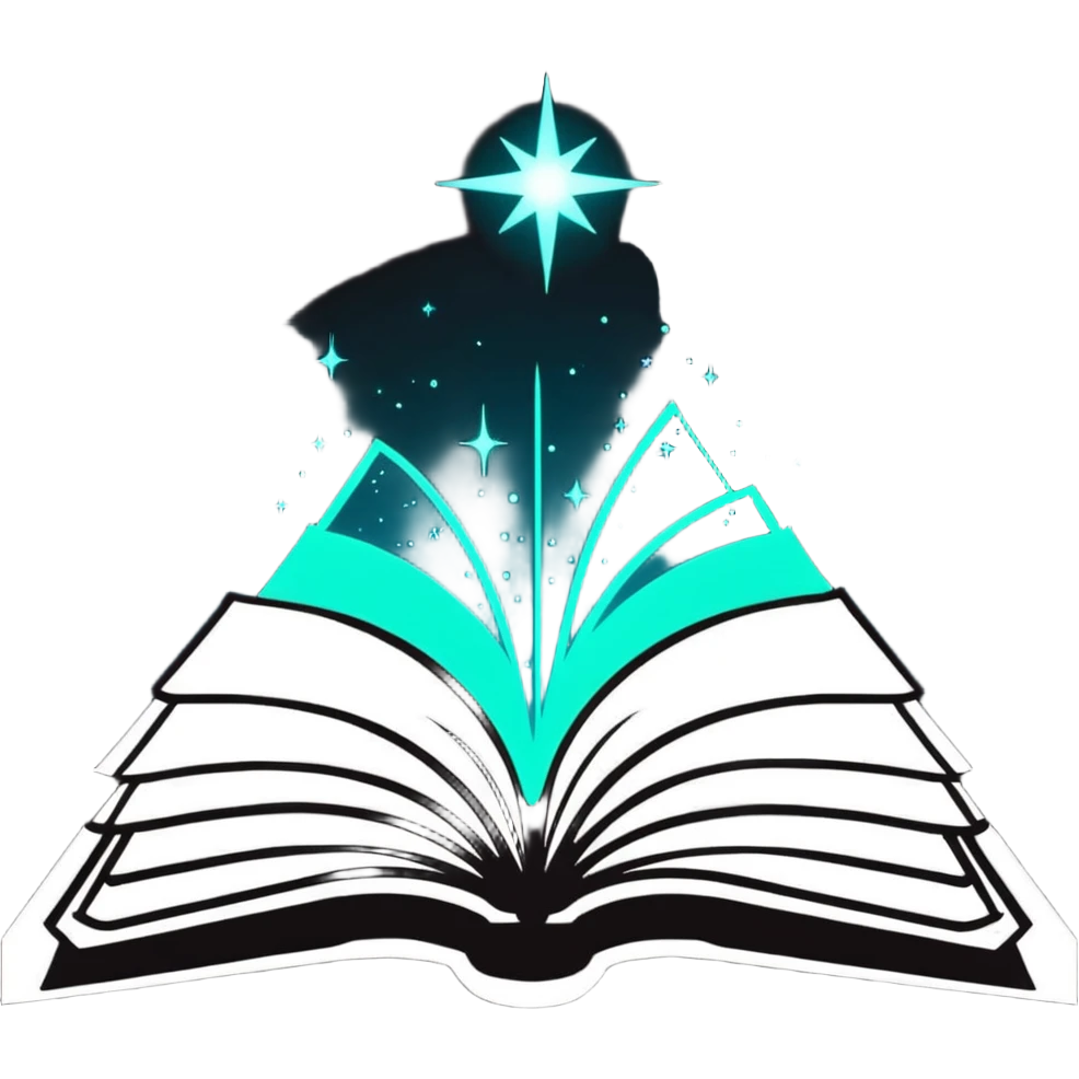 Open book with magical words and glowing sparkles floating above it emoji