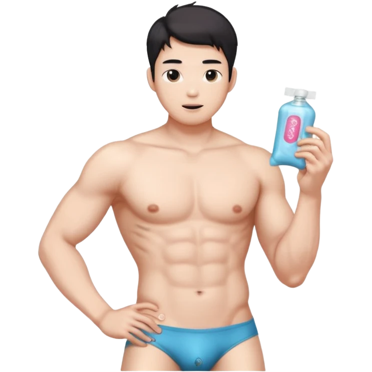Male shirtless white skin Asian korean six pack sexy big dih lean full body without pants hold condom and jerking off emoji
