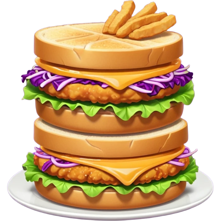 Burning hot, spicy,  stacked chicken sandwich — two thick golden toast slices, a crispy breaded chicken fillet, green lettuce, and purple cabbage slaw, with glossy dark sauce dripping down the sides. emoji