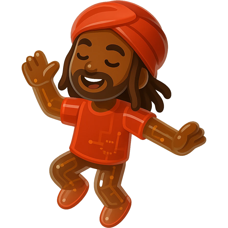 Brownskin man with long brown dreadlocks 
red t-shirt 
red turban 
expression is dance emoji