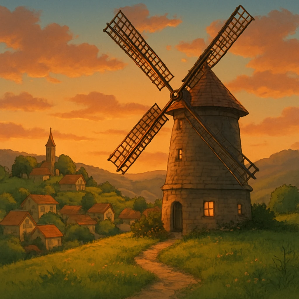Windmill turning slowly in a quiet hill village at sunset. emoji